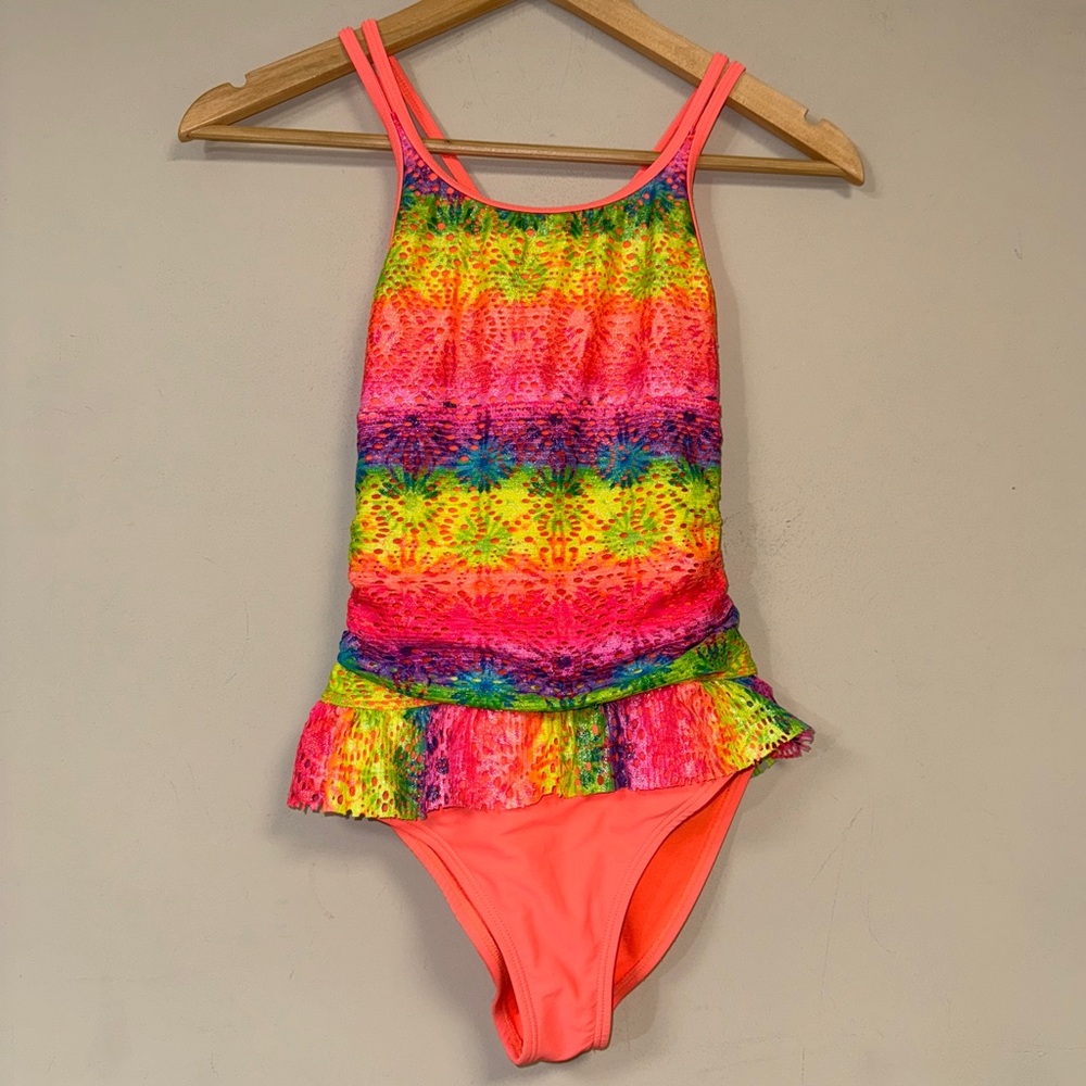 Neon Rainbow Shimmer Bathing Suit Girl’s 10-12 L One Piece Swimsuit Beach Pool